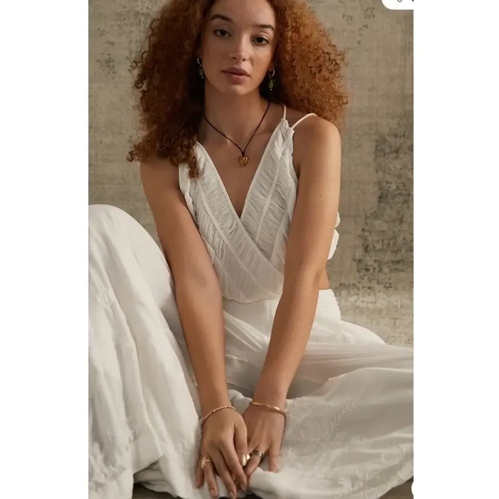 Free People Womens Ivory Angie's Cami & Wide Leg Embroidered Pants Set Sz Med